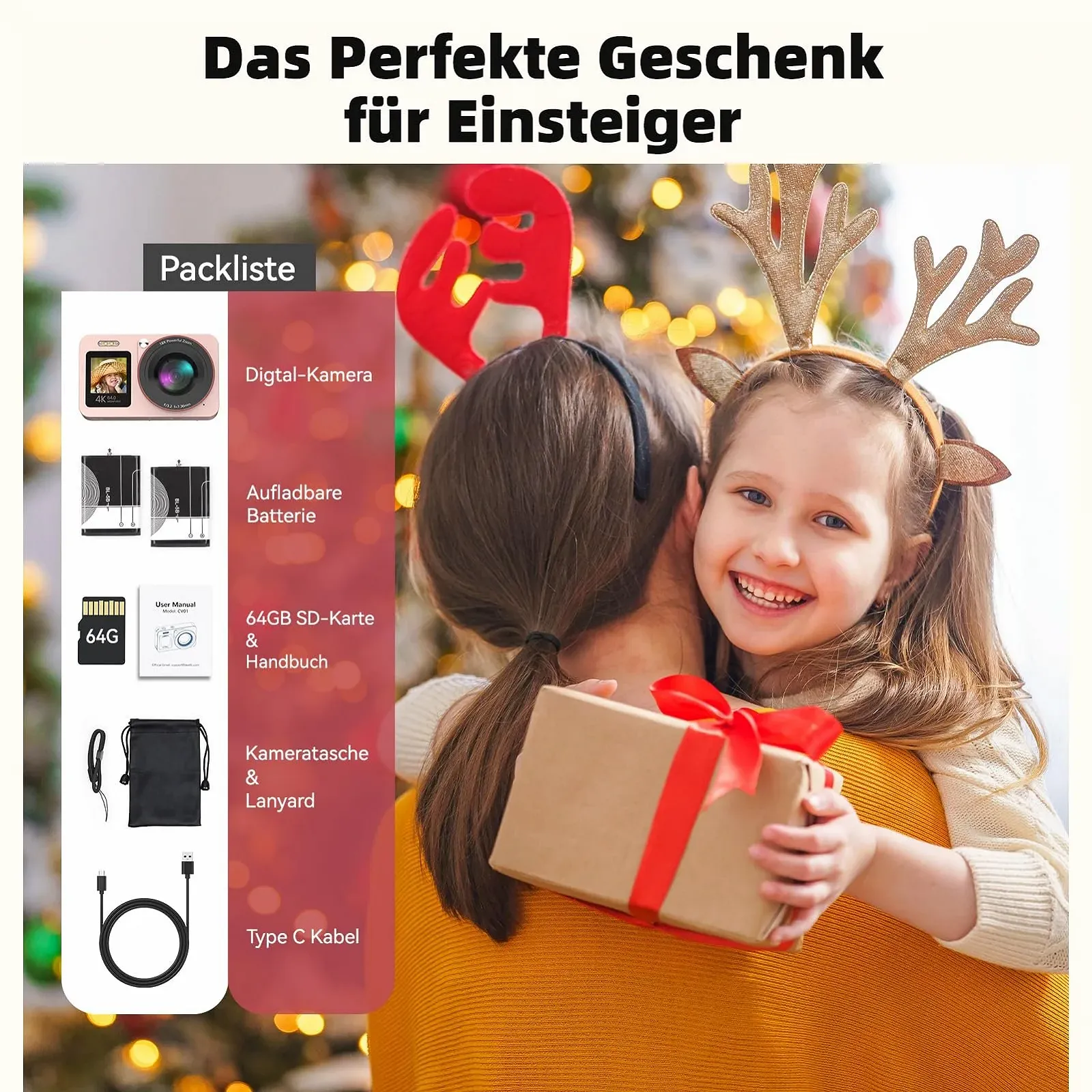 Цифрова фотокамера 4K 64MP Vlogging Compact Camera 18X Zoom для дітей та початківців 2 екрани 2 акумулятори 64GB SD Card Pink, фото №7