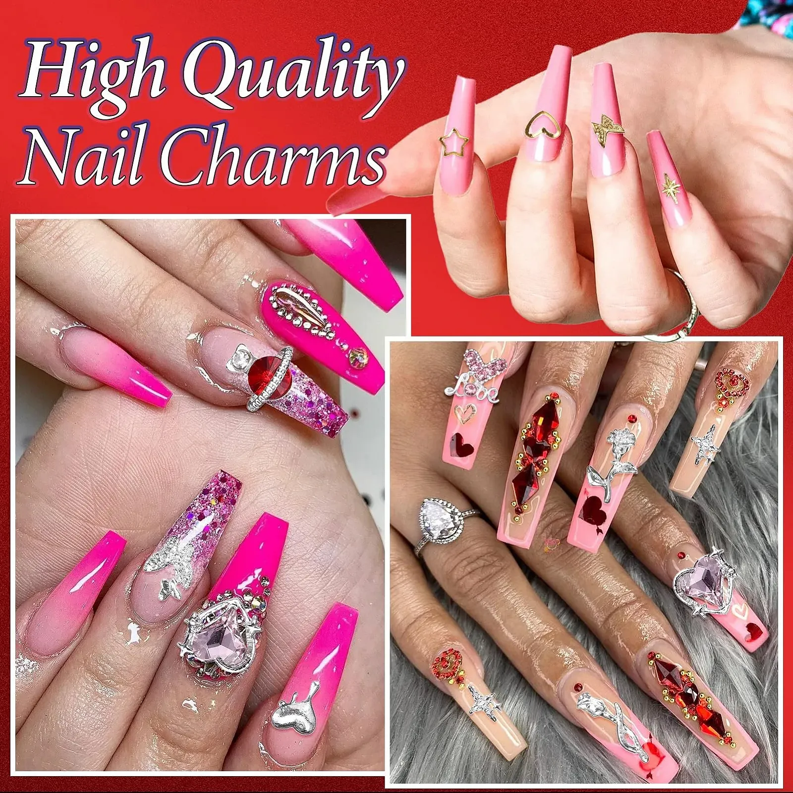 3D украшения для ногтей Сердце Бабочка Стразы Роза серебристый/золотой, 320 шт, фото №6