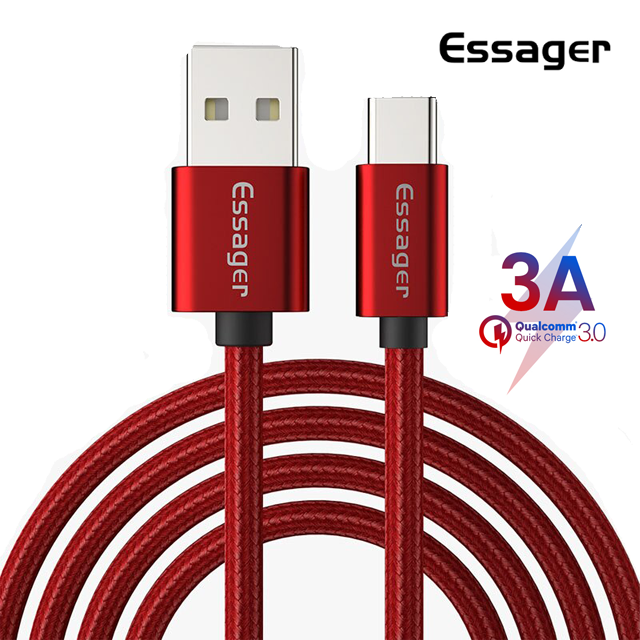 Зарядный кабель Red ESSAGER USB Type-C 3A 2метра(PS), фото №1