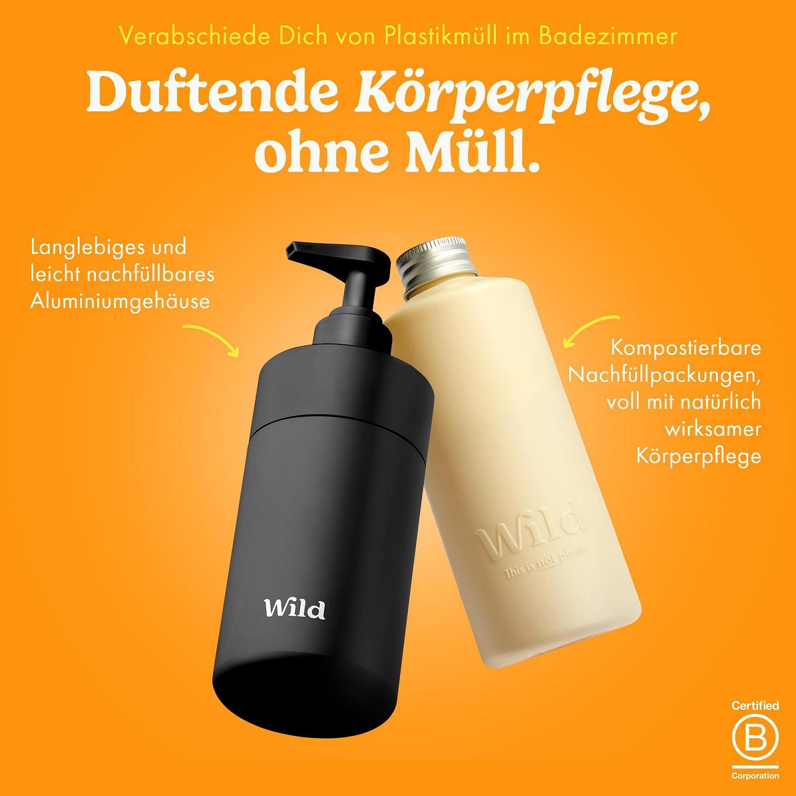 Стартовий набір гелів для душу Wild Natural Refillable у чорному футлярі та 3 змінні блоки Coconut & Vanilla, Fresh Cotton, Energise, фото №2 Стартовий набір гелів для душу Wild Natural Refillable у чорному футлярі та 3 змінні блоки Coconut & Vanilla, Fresh Cotton, Energise, фото №2