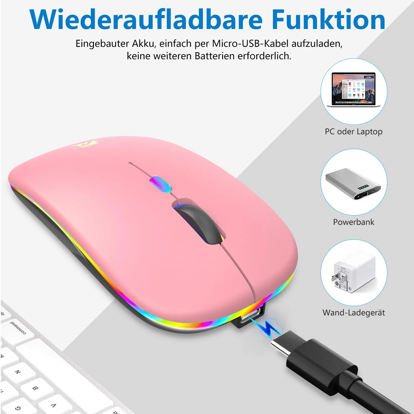 Мышь Беспроводная HZD Перезаряжаемая RGB Bluetooth с USB ресивером 1000-1600 DPI регулируемая Розовая, фото №2