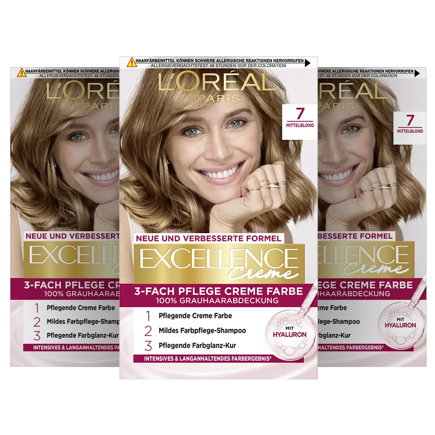 Фарба для волосся L'Oréal Paris Excellence Cream 7 середній блонд, 3 x 268 г, фото №1 Фарба для волосся L'Oréal Paris Excellence Cream 7 середній блонд, 3 x 268 г, фото №1
