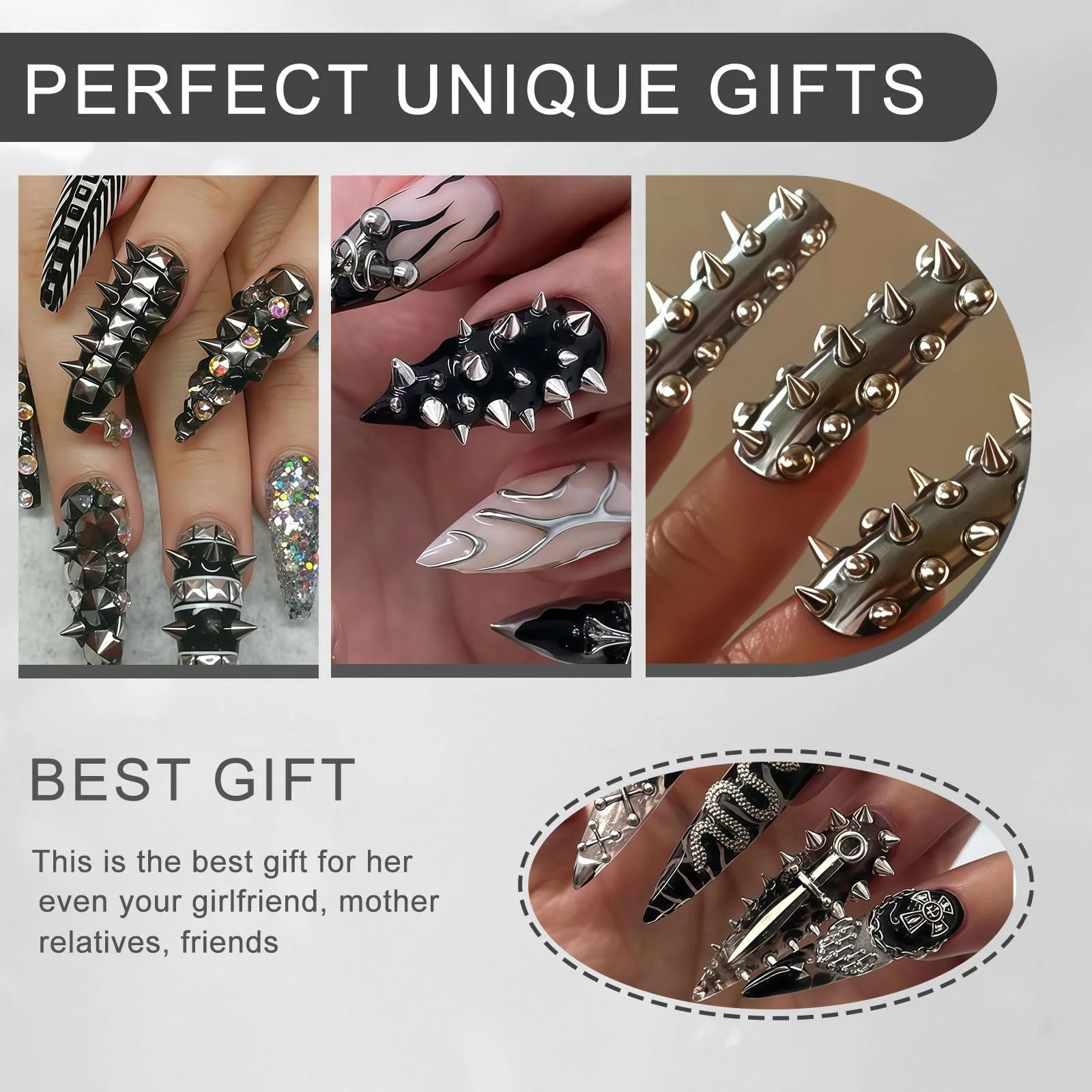 Набор для ногтей Lilbitty 3D Mini Metal Punk Золотые и Черные Конические Шипы, Сплавные Заклепки, Стальные Шарики, фото №7
