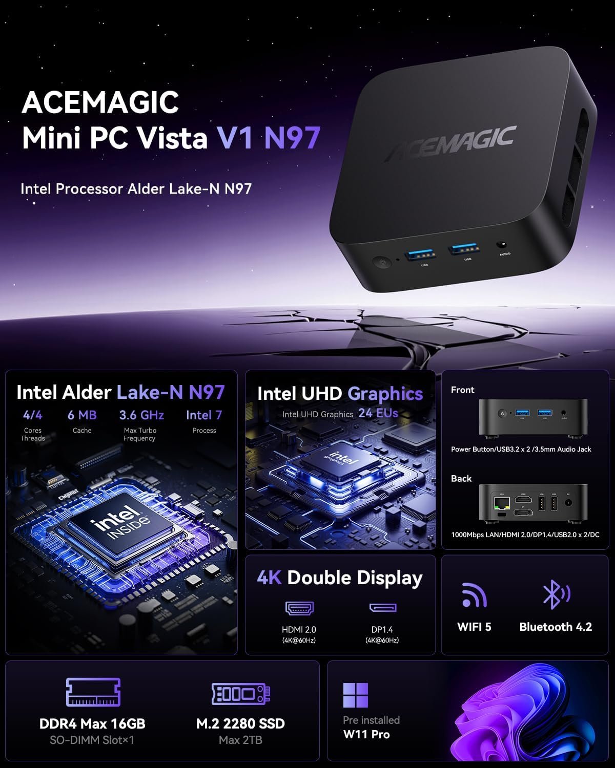 Міні ПК ACEMAGIC Vista Mini V1 / Intel N150 / RAM 16GB / SSD 512GB / 1 x HDMI /  1 х LAN / Wi-Fi 5 / Bluetooth 4.2 / Windows 11 / Чорний, фото №3