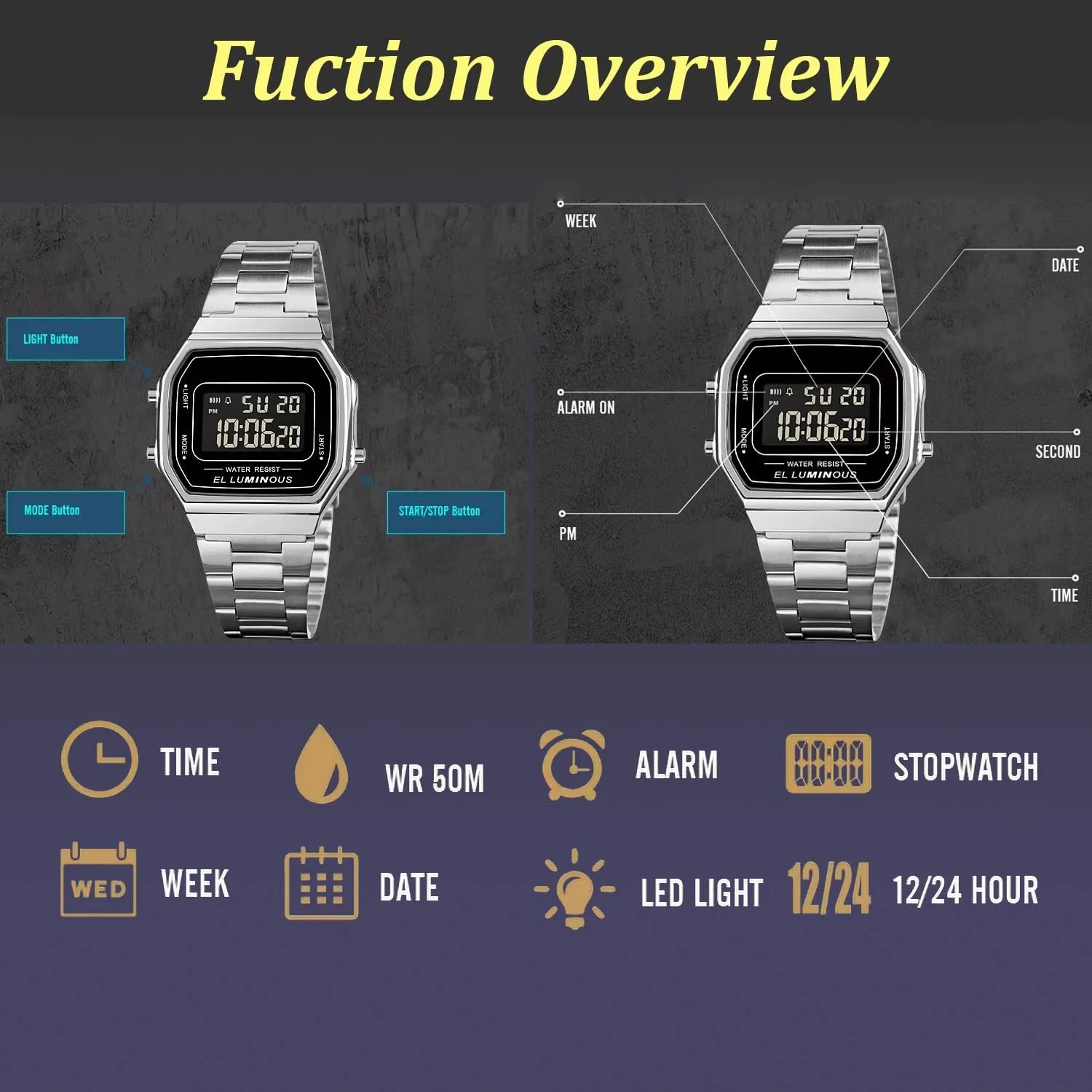 Цифровий годинник Nicoone зі стрічкою з неіржавної сталі, світлодіодною підсвіткою, фото №2 Цифровий годинник Nicoone зі стрічкою з неіржавної сталі, світлодіодною підсвіткою, фото №2