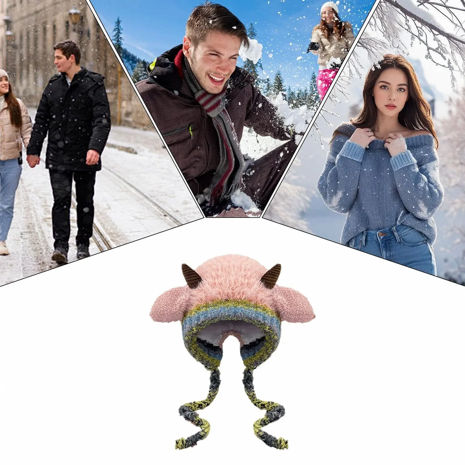 Вязаная шапка с овечьими ушками, розовая, фото №4 Вязаная шапка с овечьими ушками, розовая, фото №4