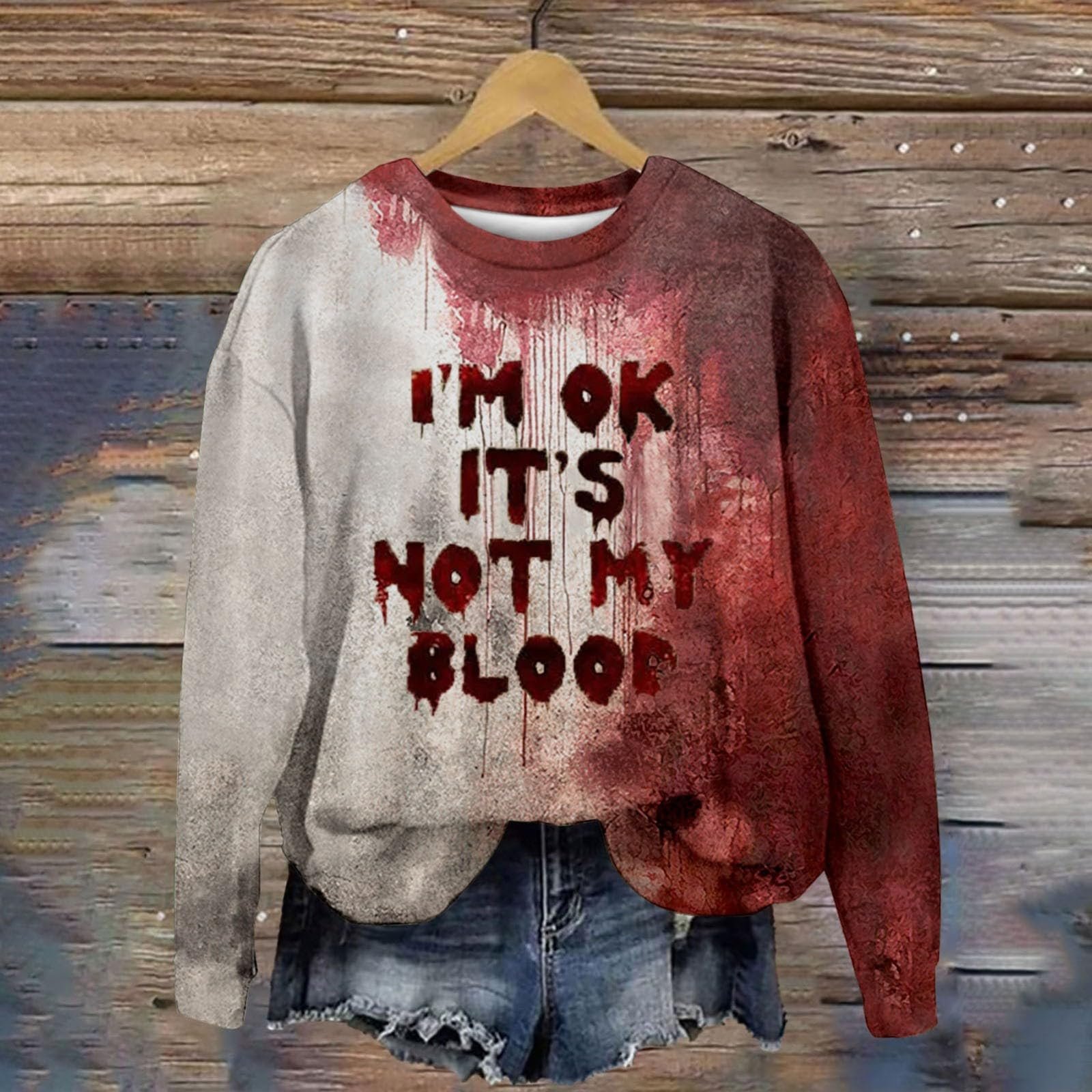 Худи Qixiu Женская Проблема Решена Хэллоуин Длинный Рукав Круглый Вырез Пуловер с Кровавым Узором Кровавые Раны Топы Осенняя Толстовка Хэллоуин, фото №2