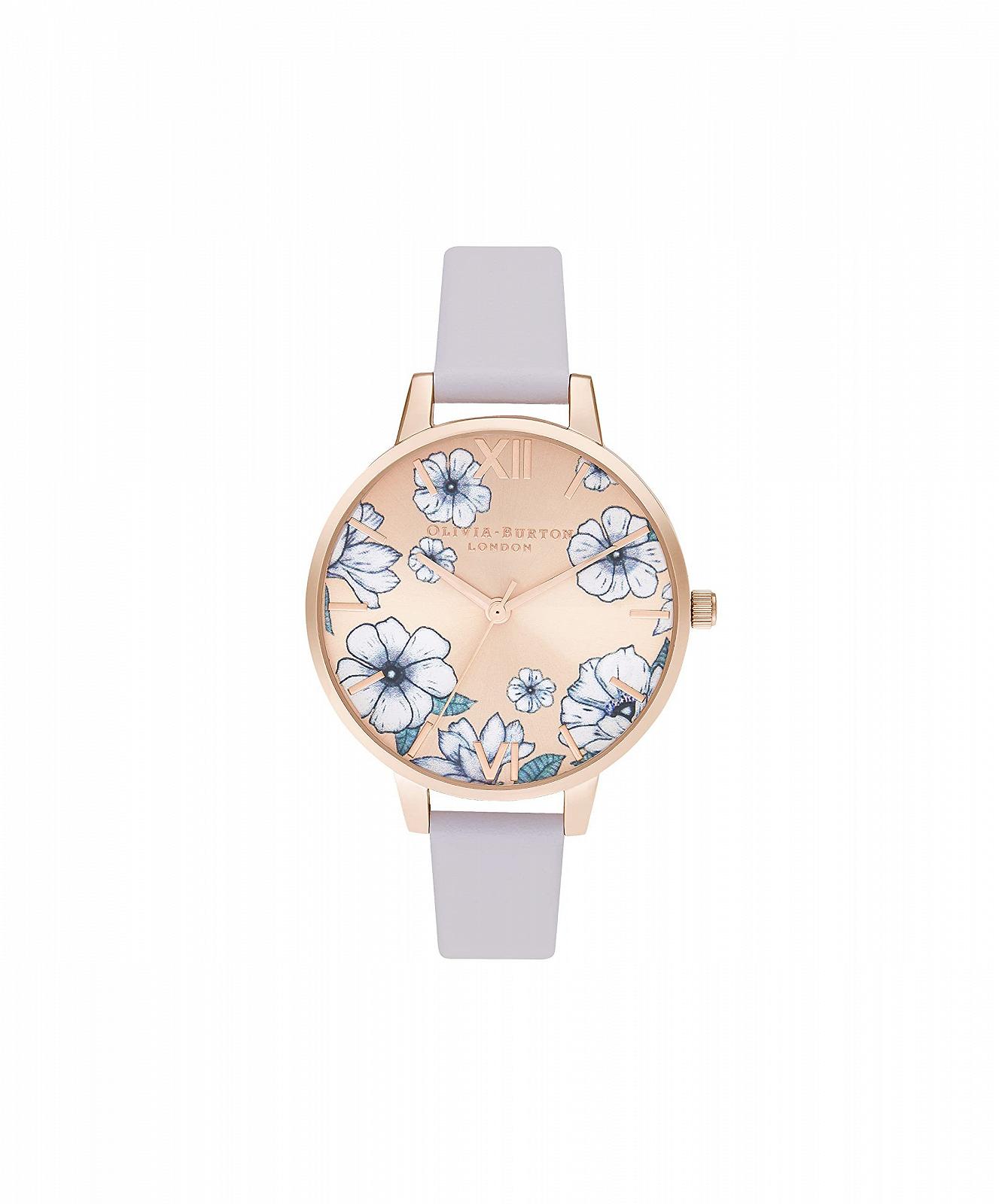 Жіночий аналоговий кварцовий годинник Olivia Burton Groovy Blooms OB16AN03, шкіряний ремінець фіолетового кольору, рожеве золото, ремінець., фото №1