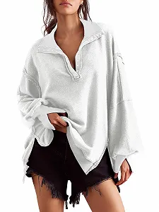 Женский свитшот Zadoreck Oversized Casual Свободный Пуловер Henley Пуговица Высокий вырез Низкая посадка Осень Зима synthetic.ua - Фото 1