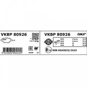 Комплект гальмівних колодок, дискове гальмо SKF VKBP 80926 для BMW передня вісь synthetic.ua - Фото 1