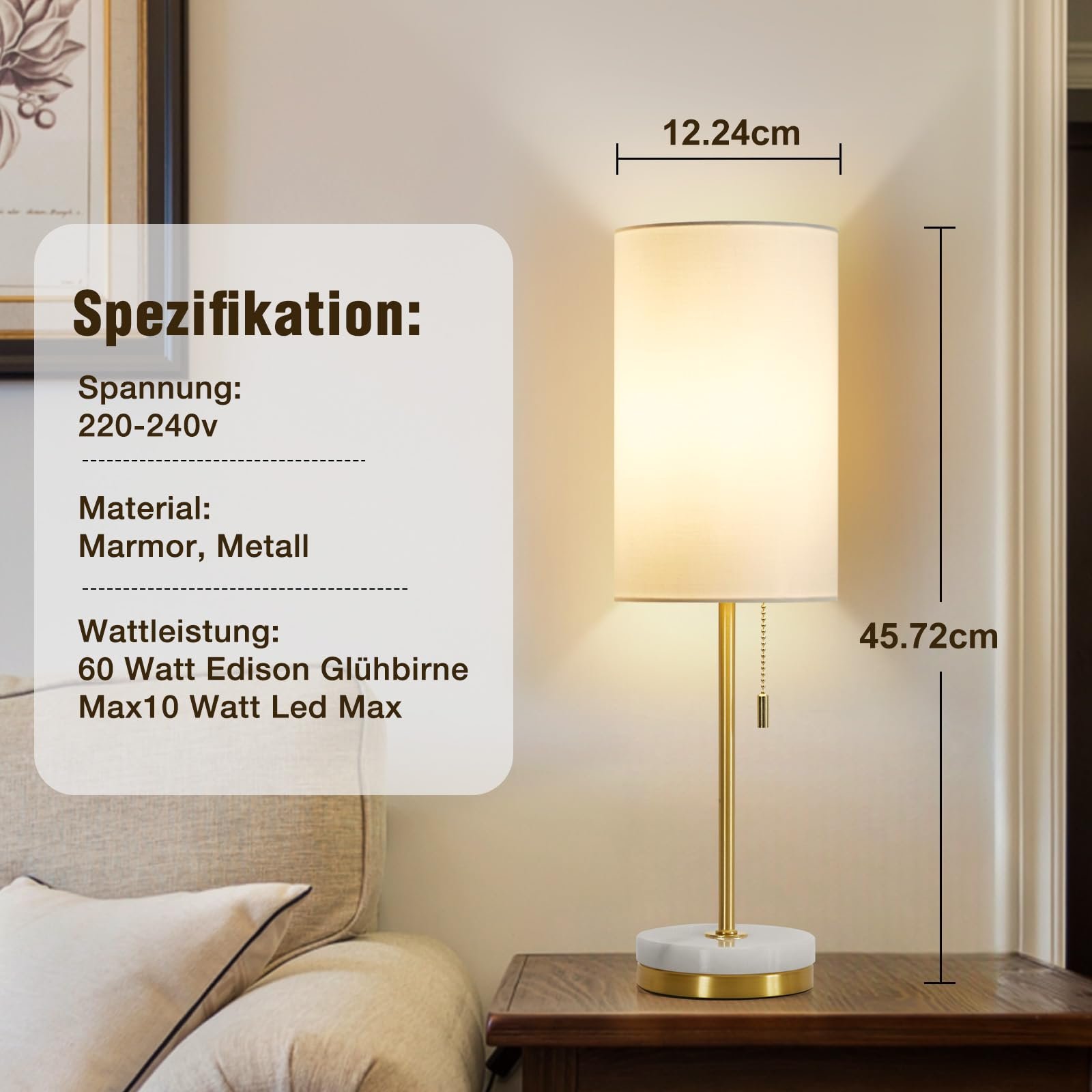 Настільні лампи GyroVu набір з 2 приліжкові з ланцюжковим вимикачем та мармуровою основою Золотиста, фото №3