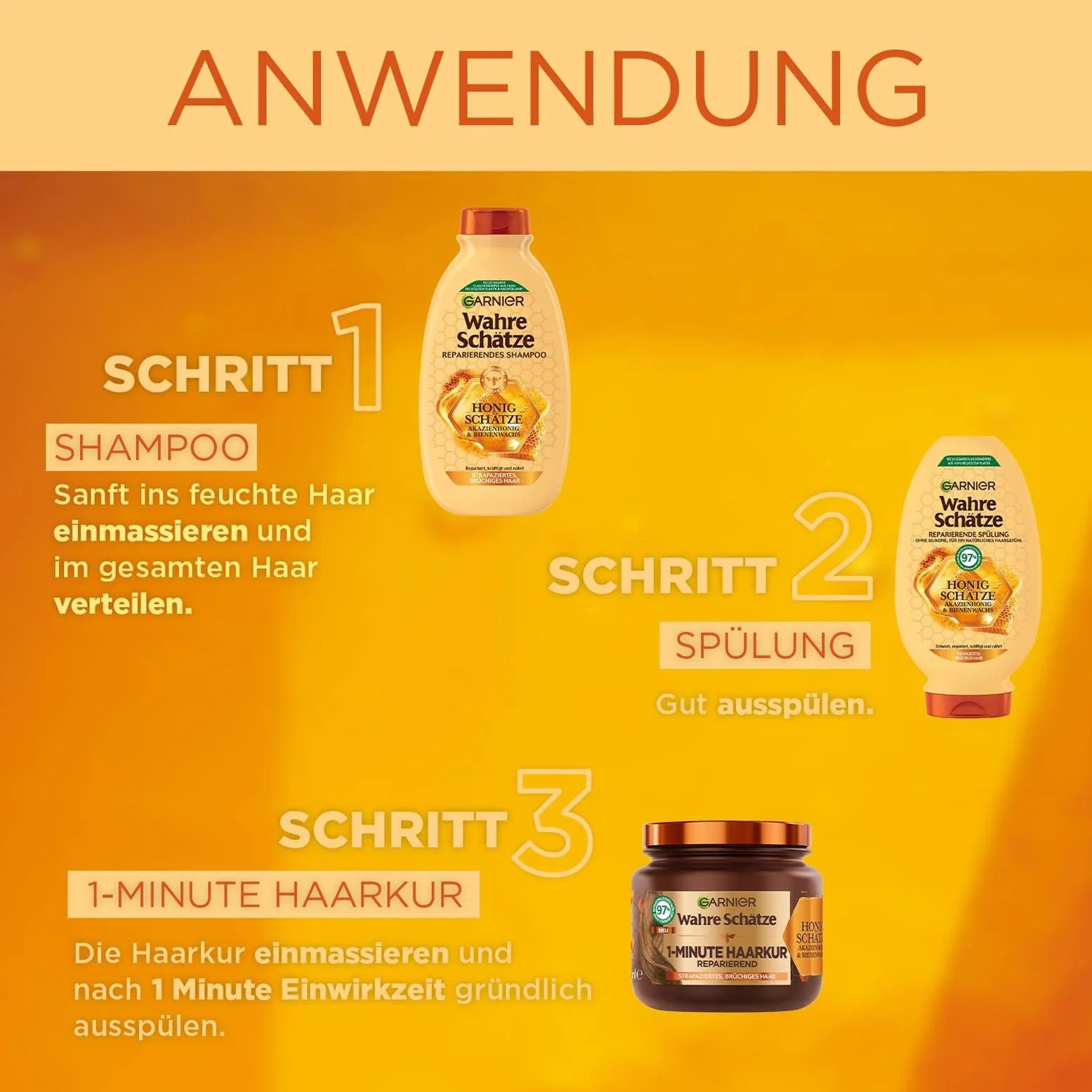 Шампунь Garnier True Treasures Восстанавливающий Медовые Сокровища для поврежденных и ломких волос 3 x 250 мл, фото №5 Шампунь Garnier True Treasures Восстанавливающий Медовые Сокровища для поврежденных и ломких волос 3 x 250 мл, фото №5