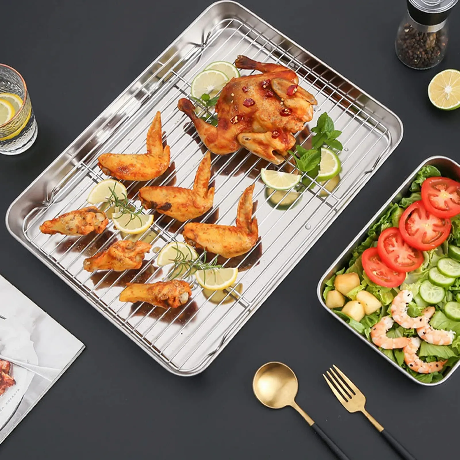 Форма для гриля и запекания с решеткой и силиконовой крышкой нержавеющая сталь 23,5 x 17,5 x 5 см, фото №9 Форма для гриля и запекания с решеткой и силиконовой крышкой нержавеющая сталь 23,5 x 17,5 x 5 см, фото №9
