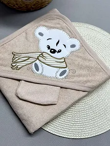 Купити Махровий рушник-куточок для малюка та мочалка Ведмедик бежевий - Фото 1 Махровий рушник-куточок для малюка та мочалка Ведмедик бежевий - Фото 1