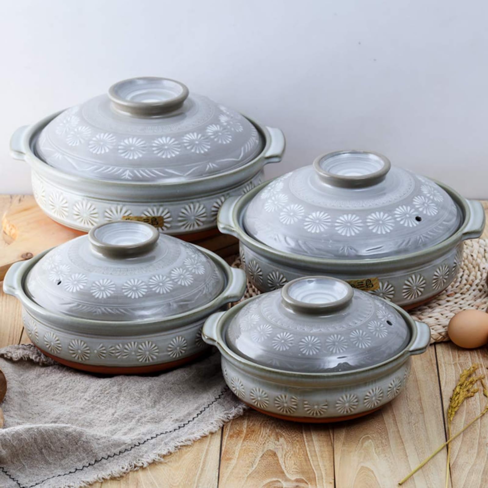 Каструля Japanese Donabe Керамічний Круглий з кришкою Heat Insulating Double Handle Clay Посуд для рагу Супу Синьо-білий, фото №3