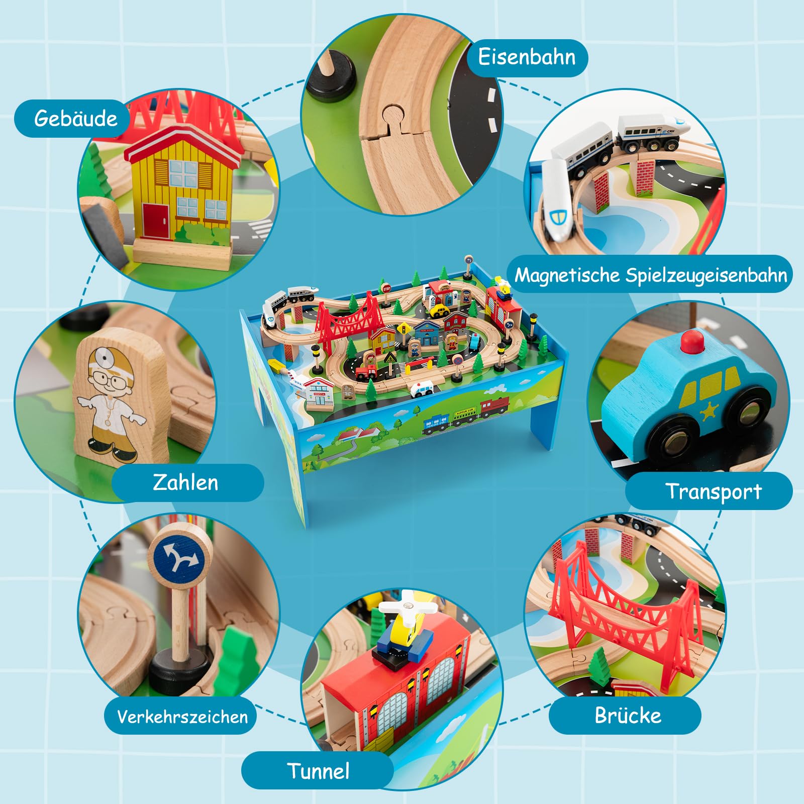 Ігровий стіл GOPLUS з дерева з 80-елементним залізничним набором, фото №3 Ігровий стіл GOPLUS з дерева з 80-елементним залізничним набором, фото №3