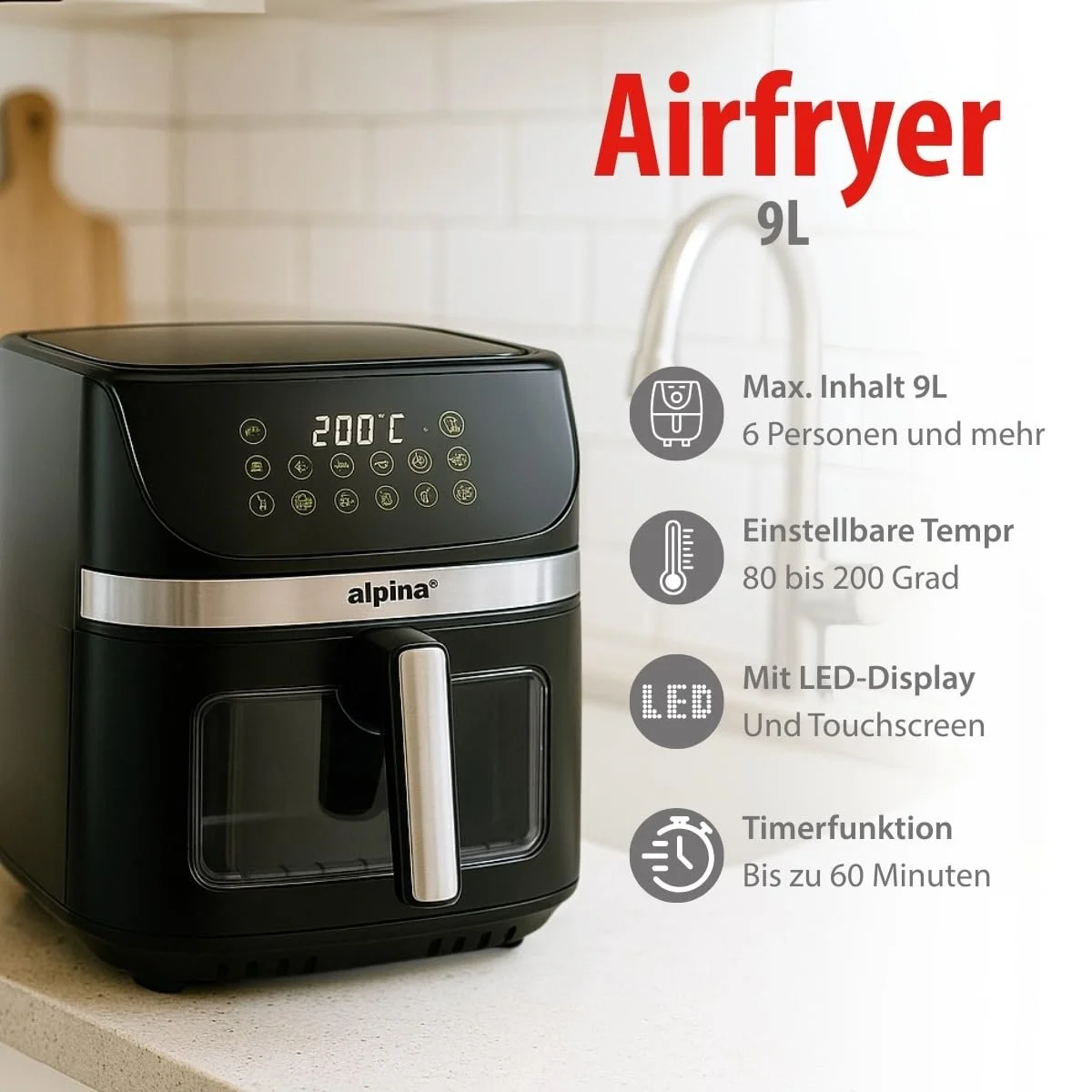 Мультипіч alpina Airfryer XXL 9 л Чорна, фото №3
