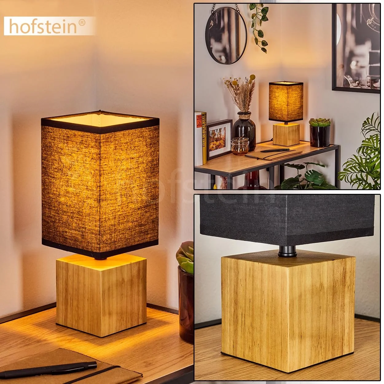 Настільна лампа Talco дерево/тканина квадратна висота 30 см цоколь E27 Натурально-чорна, фото №2