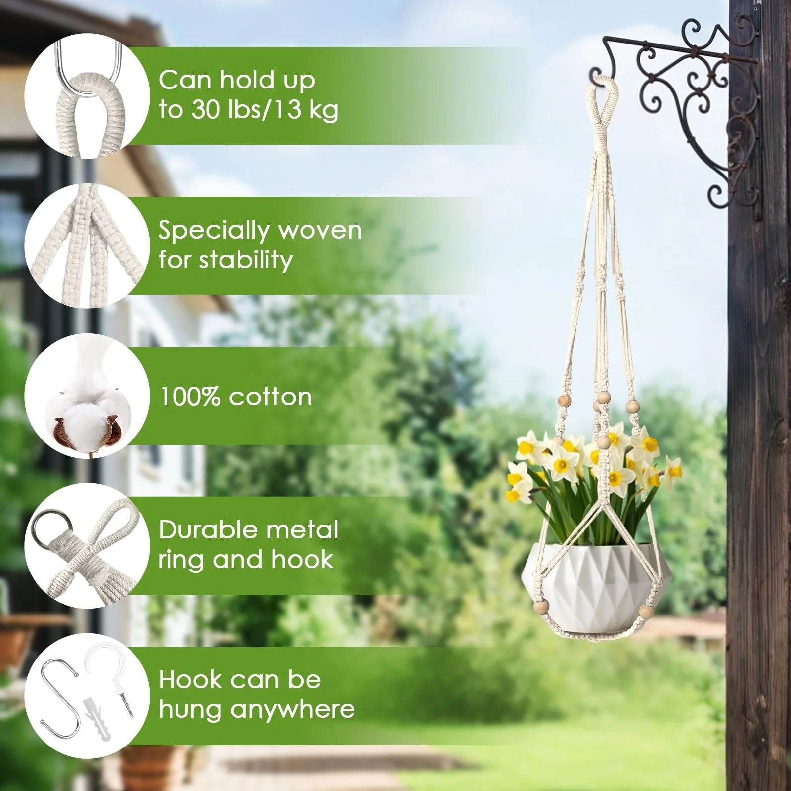 Набор подвесных кашпо макраме 5 шт. из хлопковой веревки с крючками, фото №4