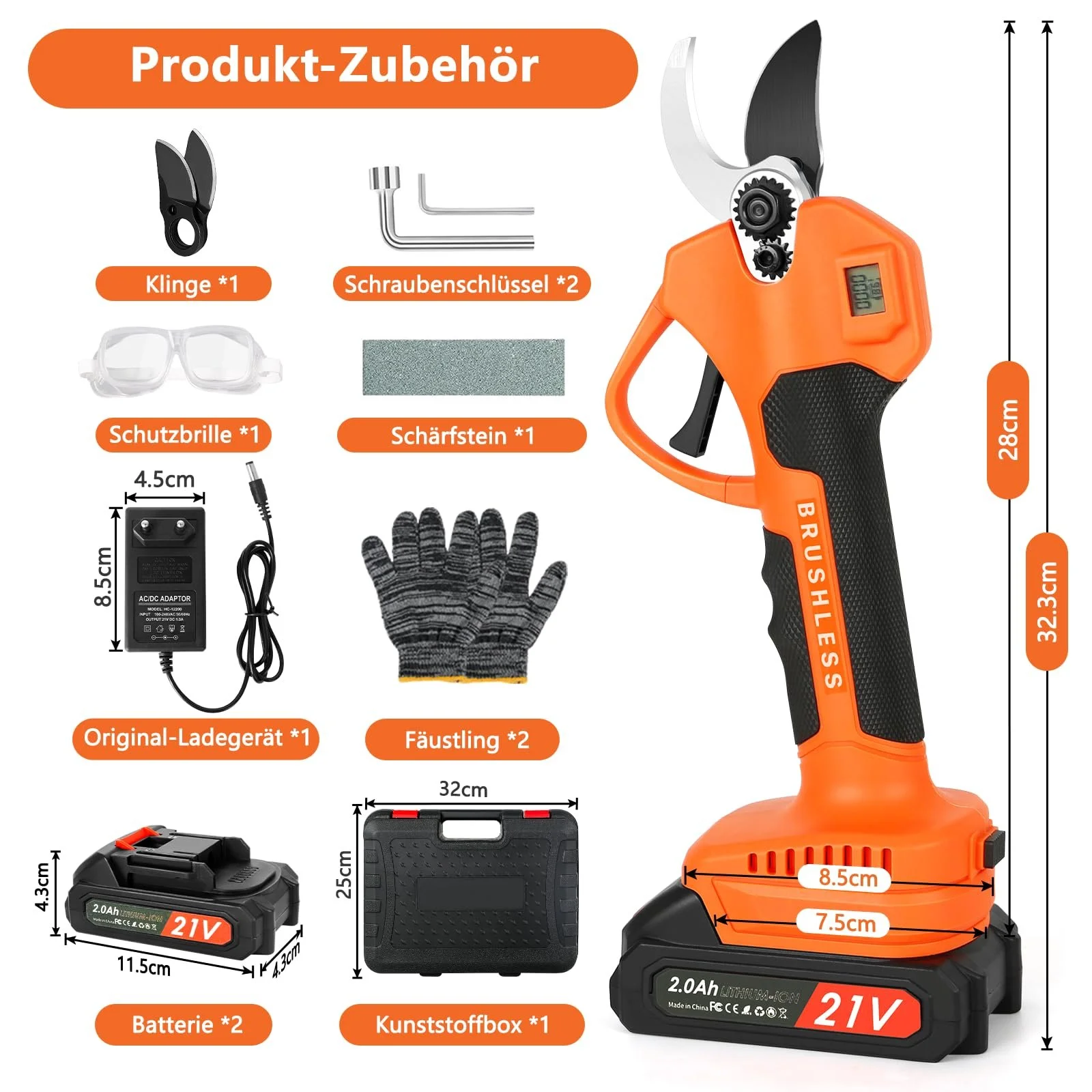 Акумуляторний гілкоріз з LCD-дисплеєм, акумуляторний електричний секатор з 2 x 2000 mAh батареями та SK5 лезами до 40 мм, портативні професійні електричні садові ножиці для обрізки дерев, фото №6