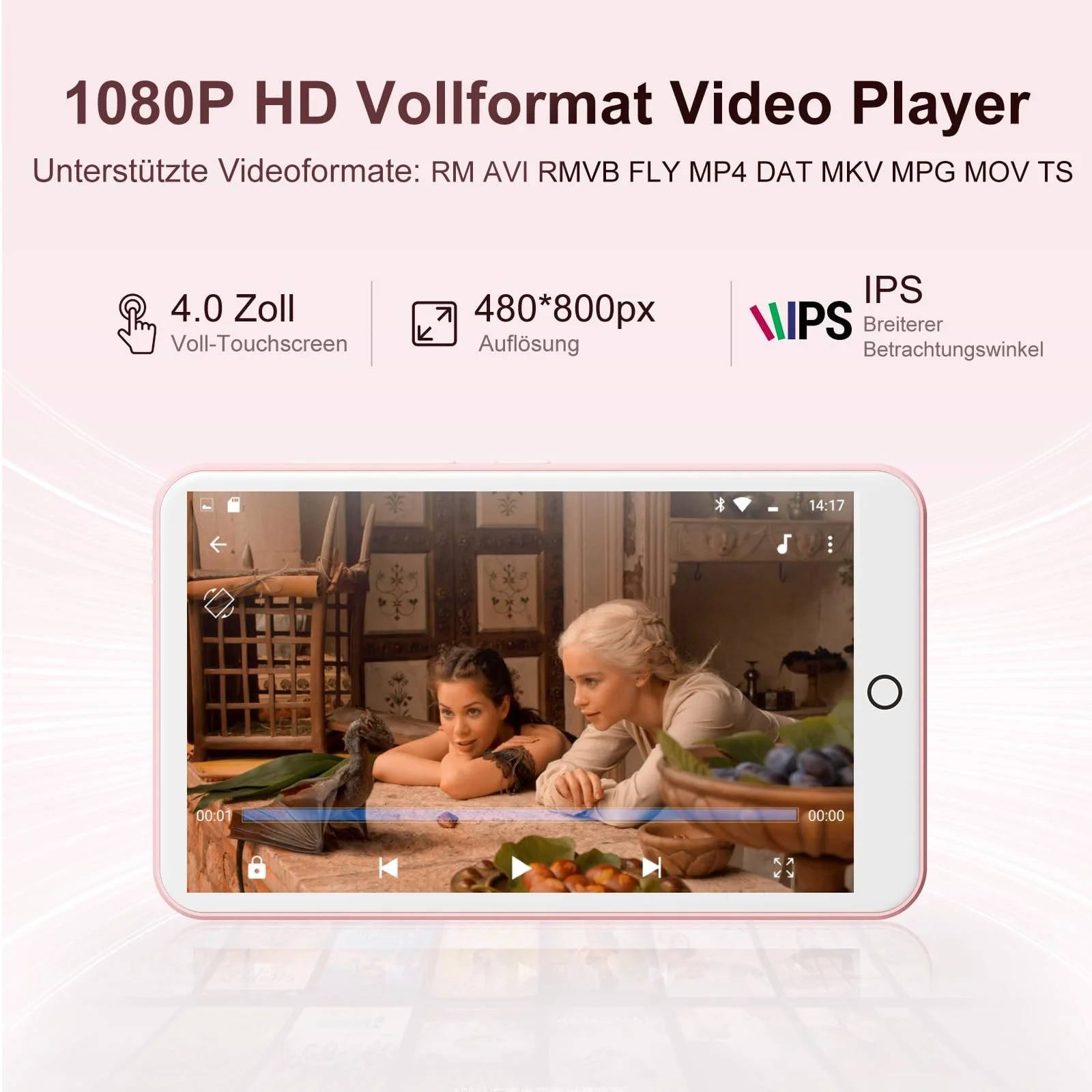 MP3 плеер Oilsky 80GB Bluetooth, WiFi, 4 дюйма, 1080P, сенсорный экран, розовый, фото №4