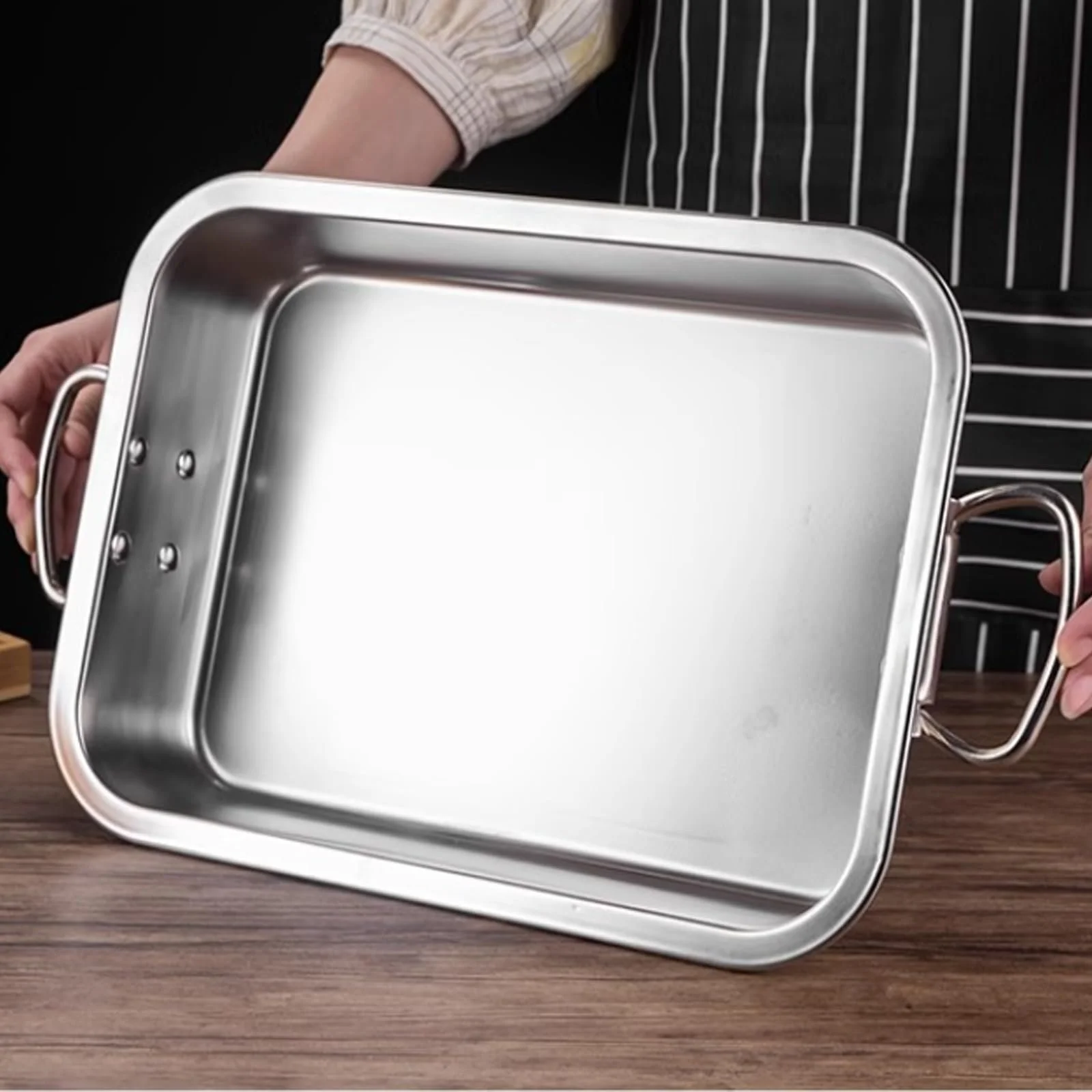 Противень для выпечки из нержавеющей стали форма для запекания с ручками 40 см прямоугольная для лазаньи, фото №4 Противень для выпечки из нержавеющей стали форма для запекания с ручками 40 см прямоугольная для лазаньи, фото №4