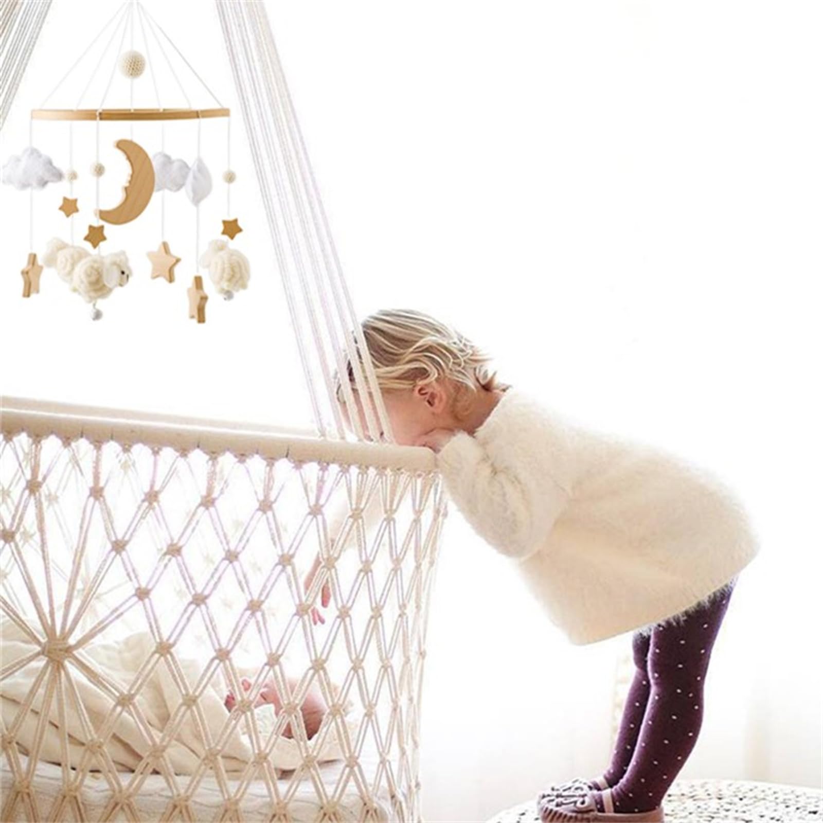 Карусель на ліжечко дзвіночок для дитячого ліжечка Mianyang з дерева зірка місяць вівця (Бежевий), фото №6