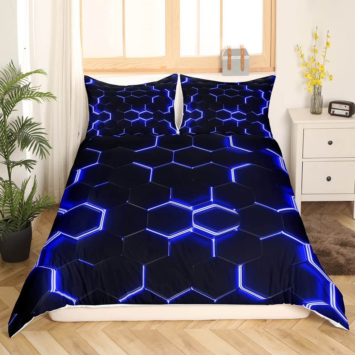 Комплект Постельного Белья Соты Loussiesd 135 x 200 см, Синий, Черный, Шестиугольный, Пододеяльник, Современный, Геометрический, Пчелиные Соты, Упрощенная Геометрия, На Молнии, фото №4