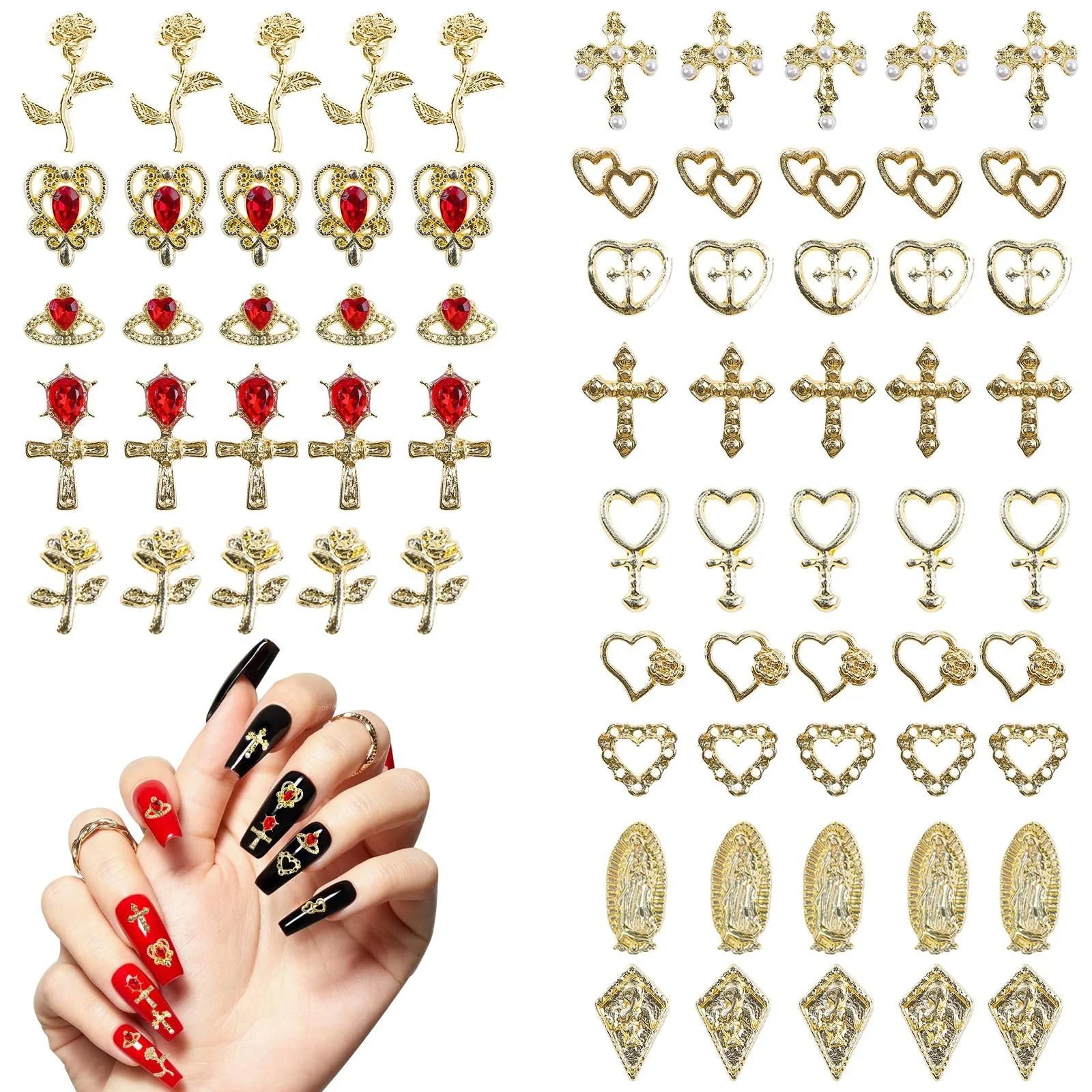 Украшения для ногтей Набор 70 шт Золотые Подвески Крест Роза Сердца Дева Мария, фото №1