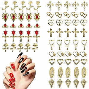 Украшения для ногтей Набор 70 шт Золотые Подвески Крест Роза Сердца Дева Мария - Фото 1