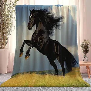 Покривало М'яка для дивану 200 x 200 см, Тепла з малюнком Поля Луки Коні, Чорно-жовта - Фото 1