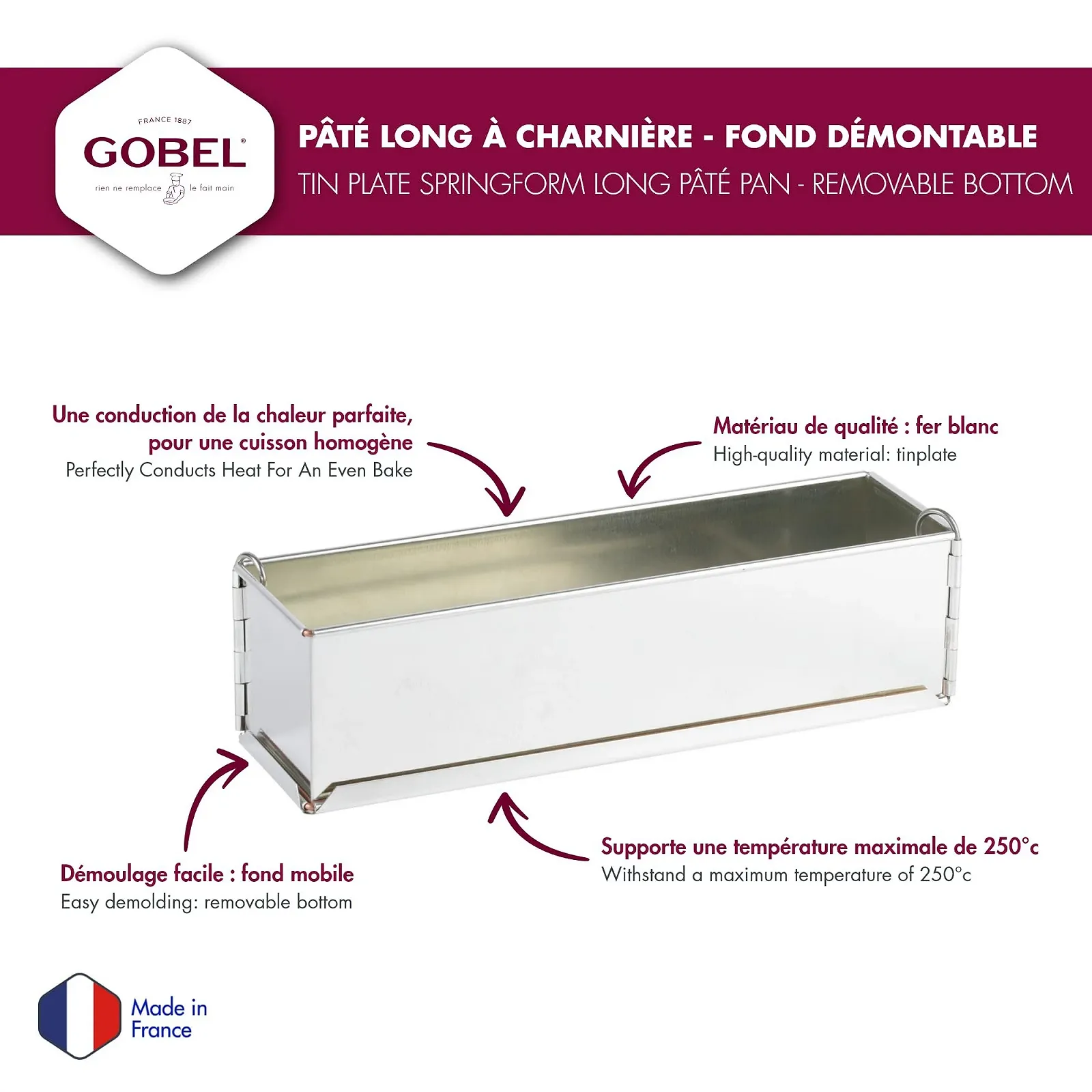 Форма для паштета Gobel 119710 длинная с откидными стенками и съемным дном 30 x 8 см, фото №2