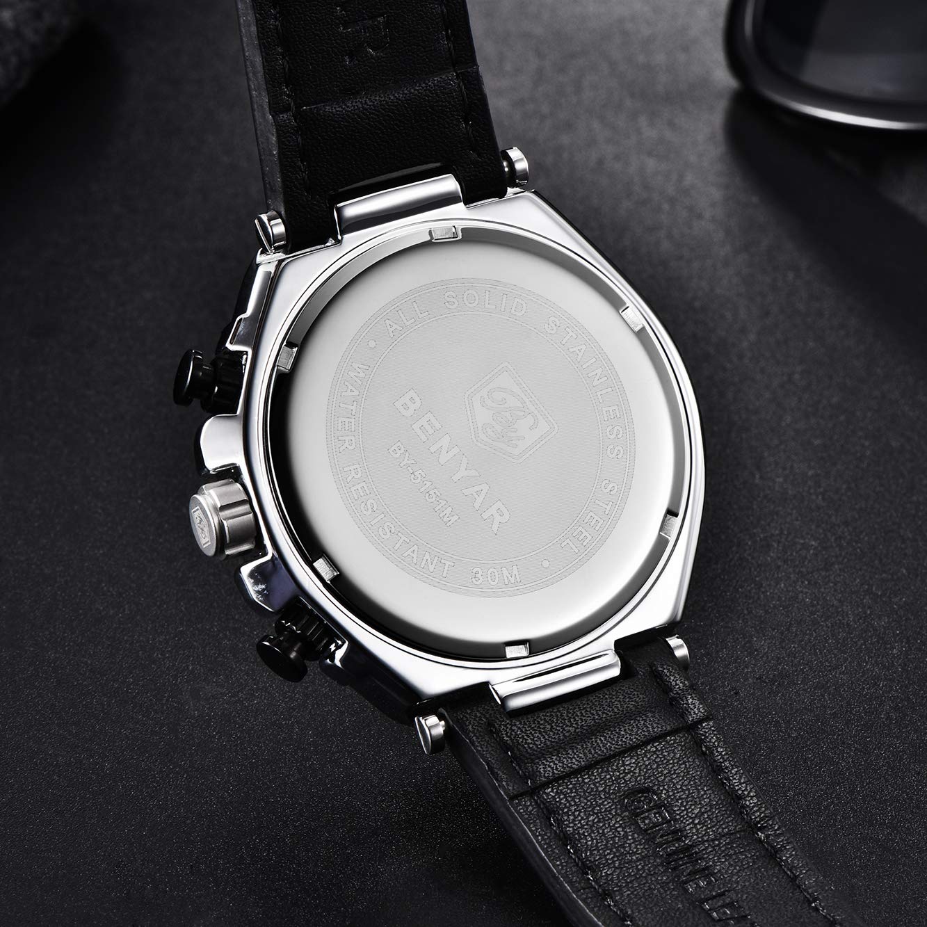 Чоловічий годинник Benyar Quartz Chronograph шкіряний ремінець водонепроникний, фото №4