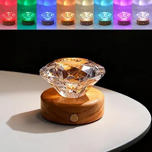 Настільна лампа у формі діаманта мала з RGB нічником акумуляторна основа з цільного дерева - Фото 1