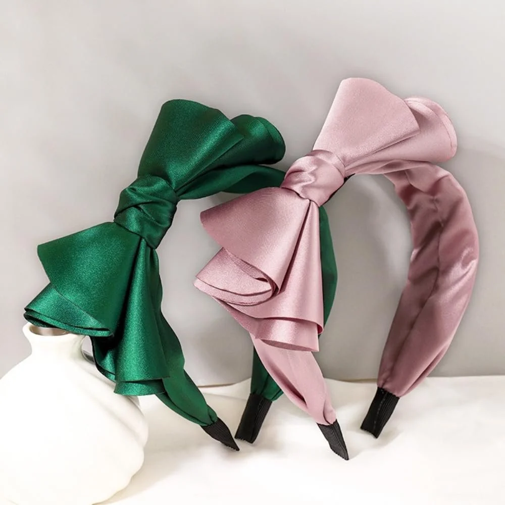 Обруч атласний однотонний з великим бантом, широкий, фото №4