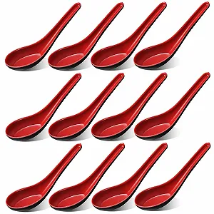 Суповые ложки 12 штук Китайские суповые ложки Набор фарфоровых ложек для рамена для дома, ресторанов, офисов, буфетов, столовых, отелей и т д (Красный и черный) - Фото 1