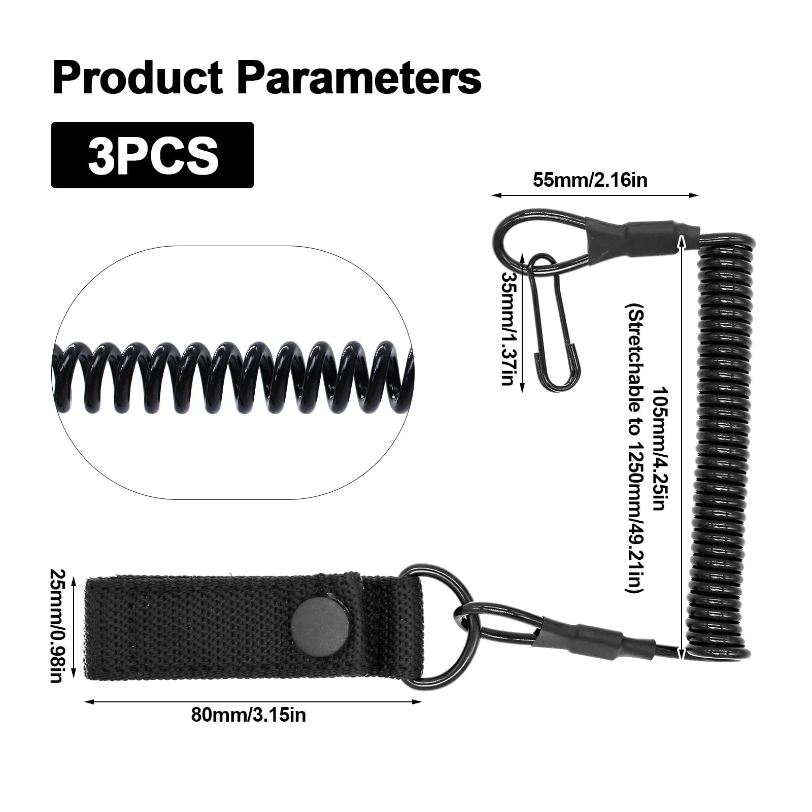 Шнурок тактический спиральный ZHIYUQL® Pack of 3 с карабином, черный, 125 см, фото №2