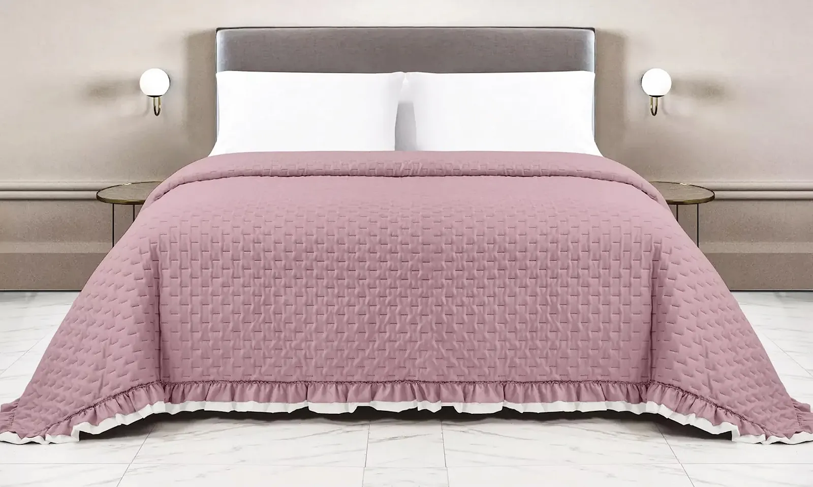 Покривало стьобане Tex family Однотонний з оборкою - Двоспальне - Рожевий/Кремовий, фото №1 Покривало стьобане Tex family Однотонний з оборкою - Двоспальне - Рожевий/Кремовий, фото №1