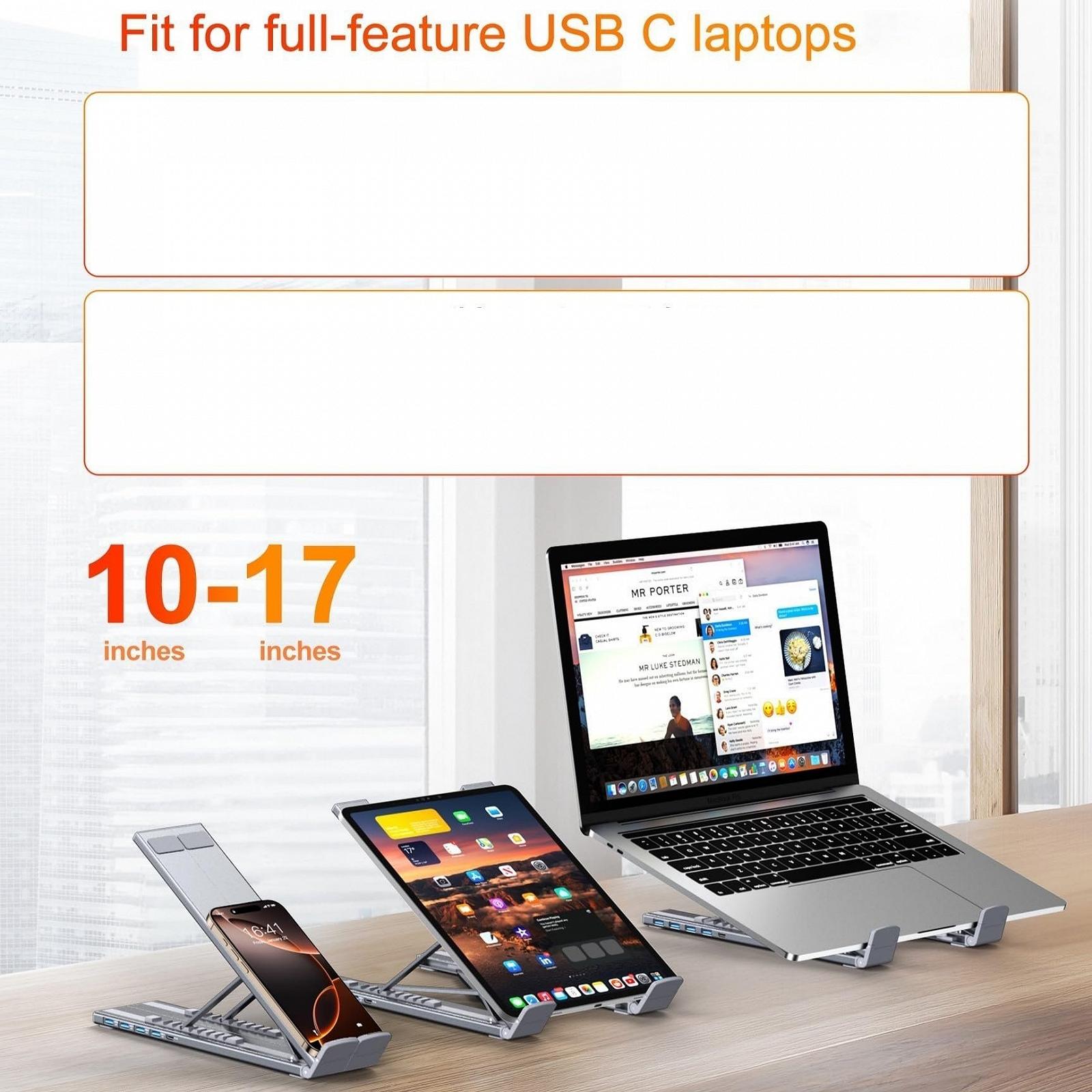 Регулируемая подставка для ноутбука 5 в 1, док-станция с 4 портами USB 3.0 для быстрой передачи данных, 9 уровней регулировки высоты для ноутбуков USB-C, фото №5