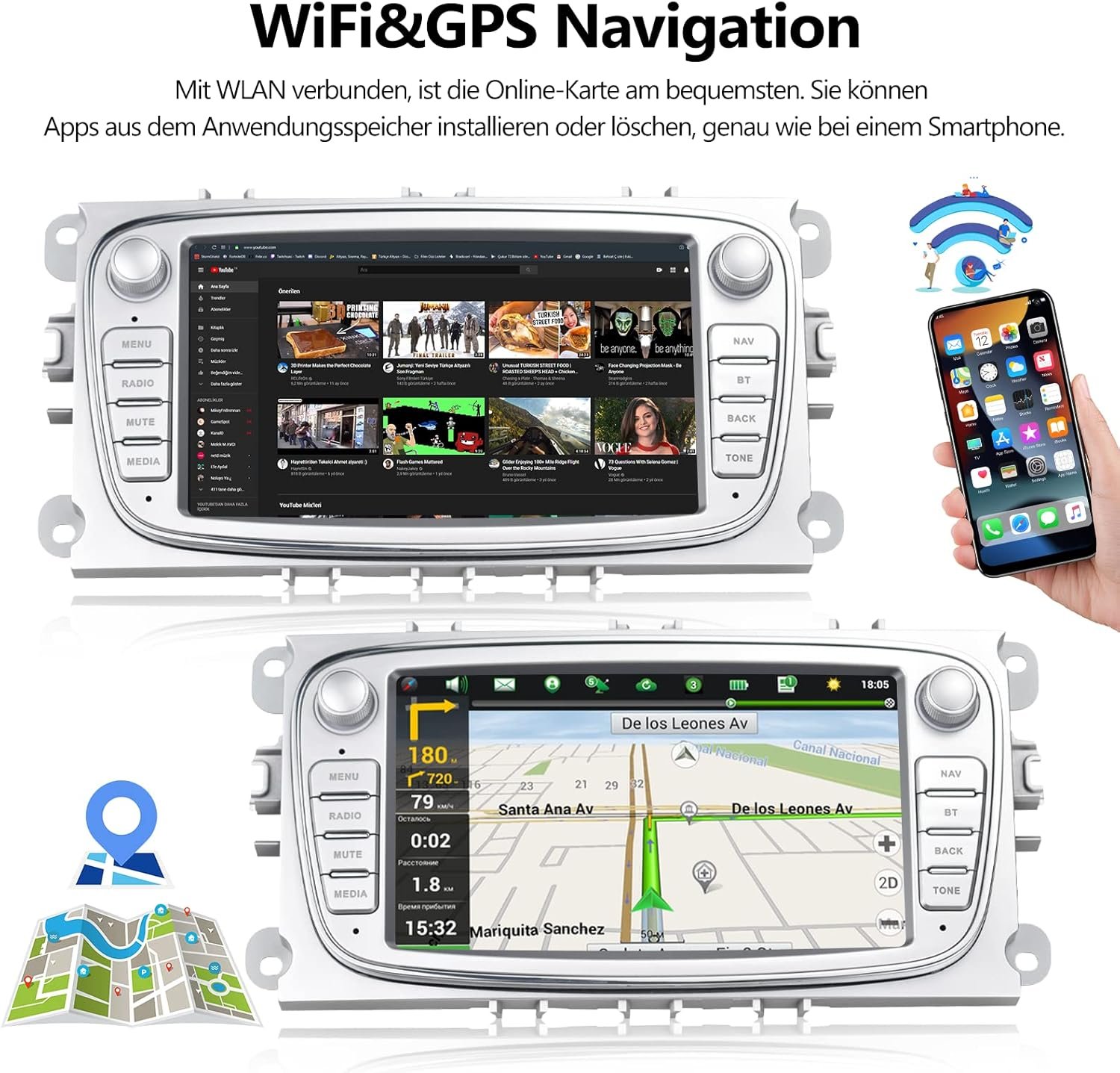 Штатна Автомагнітола Camecho для Ford Mondeo/S-Max/C-Max/Galaxy / 7" / Сенсорна / 2/64 GB / Android 13 / Apple CarPlay / Android Auto / Wi-Fi - GPS - Bluetooth / USB / 2DIN, фото №4