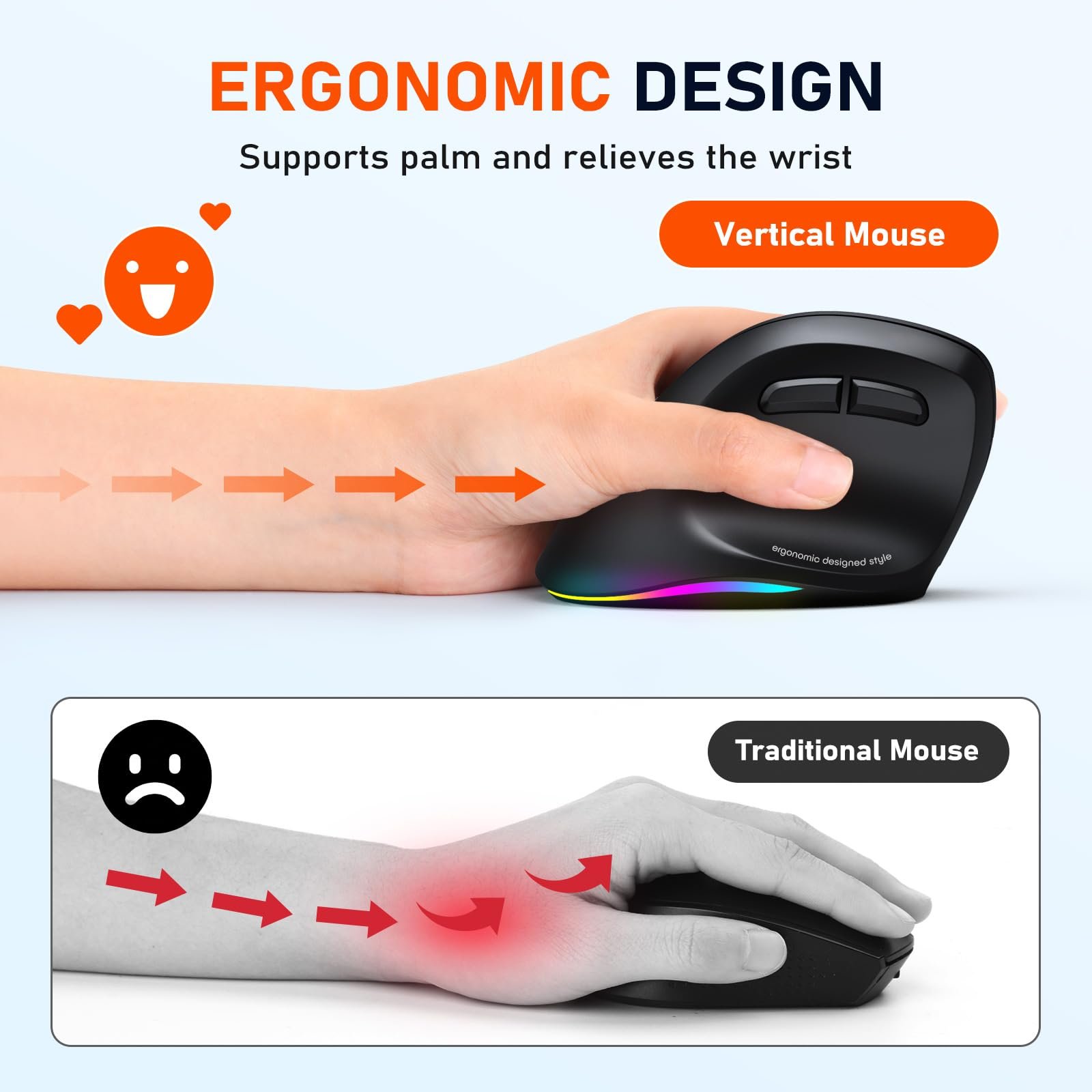 Мышь MEETION Беспроводная BTM010 Эргономичная для левой руки RGB USB-A Адаптер Type-C Черный, фото №3