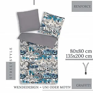 Комплект постільної білизни termana Graffiti 135x200 см 100% бавовна з блискавкою 3D синьо-сірий synthetic.ua - Фото 1