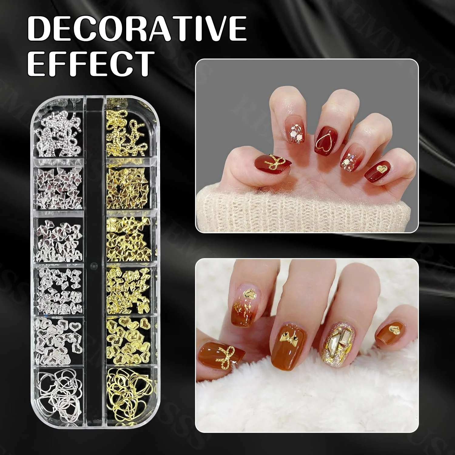 Стразы для ногтей 2 коробки Золотые Серебряные Звезды Бантики Подвески для ногтей Микс Размеров Блестки для ногтей Золотые Металлические Полые Заклепки для ногтей Звезда Луна Солнце Аксессуары для DIY дизайна ногтей, фото №6