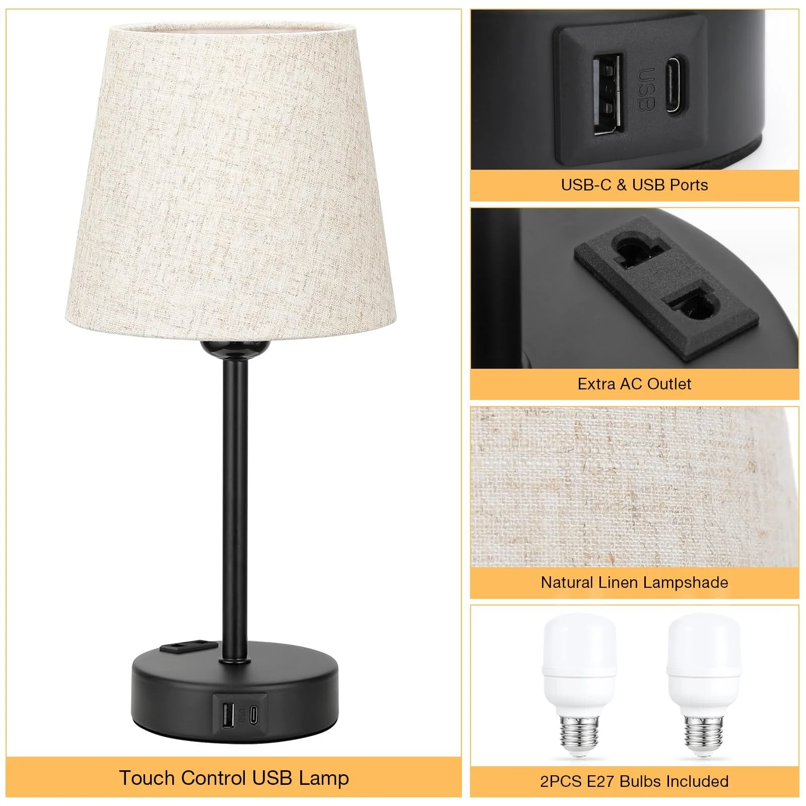 Настільна лампа Kakanuo Набір з 2 шт. Сенсорна USB A+C LED Бежевий, фото №4