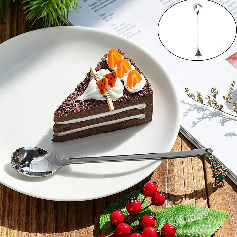 Ложки для кофе Рождественские, Набор 6 шт, Ложки для десерта, Ложки для смешивания, Чайные ложки, с Рождественским кулоном, Елка, Шляпа лося, Колокольчики для чая, Упаковка в подарочной коробке Серебряный, фото №6