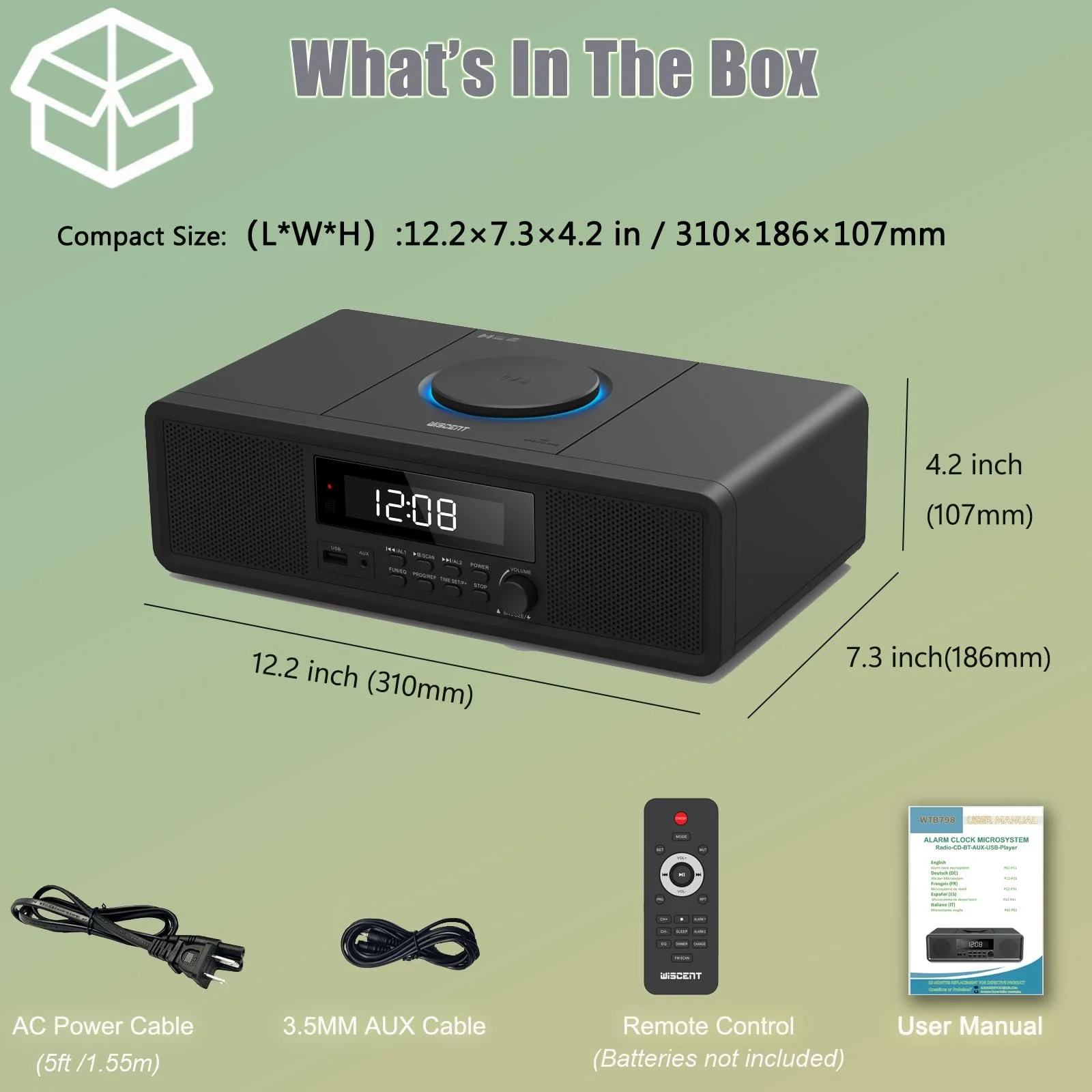 CD-проигрыватель WISCENT Home Stereo System с Bluetooth, FM-радио, Aux-In, USB, часами, двойным будильником, фото №8