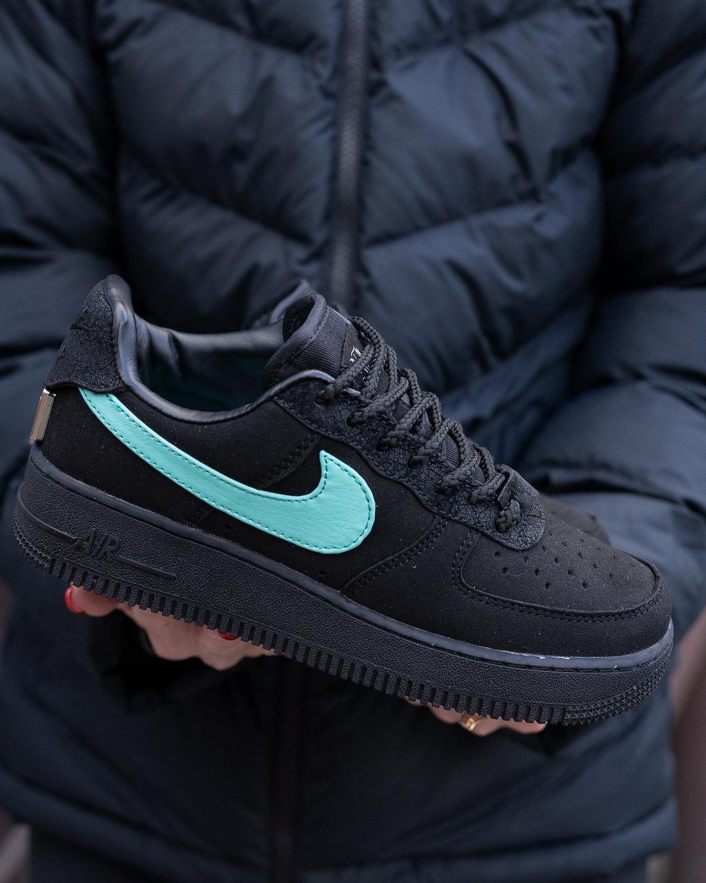 Кроссовки женские черные Nike Air Force 1 Low Tiffany х Co стильные летние кросы из кожи найк обувь на лето, фото №7