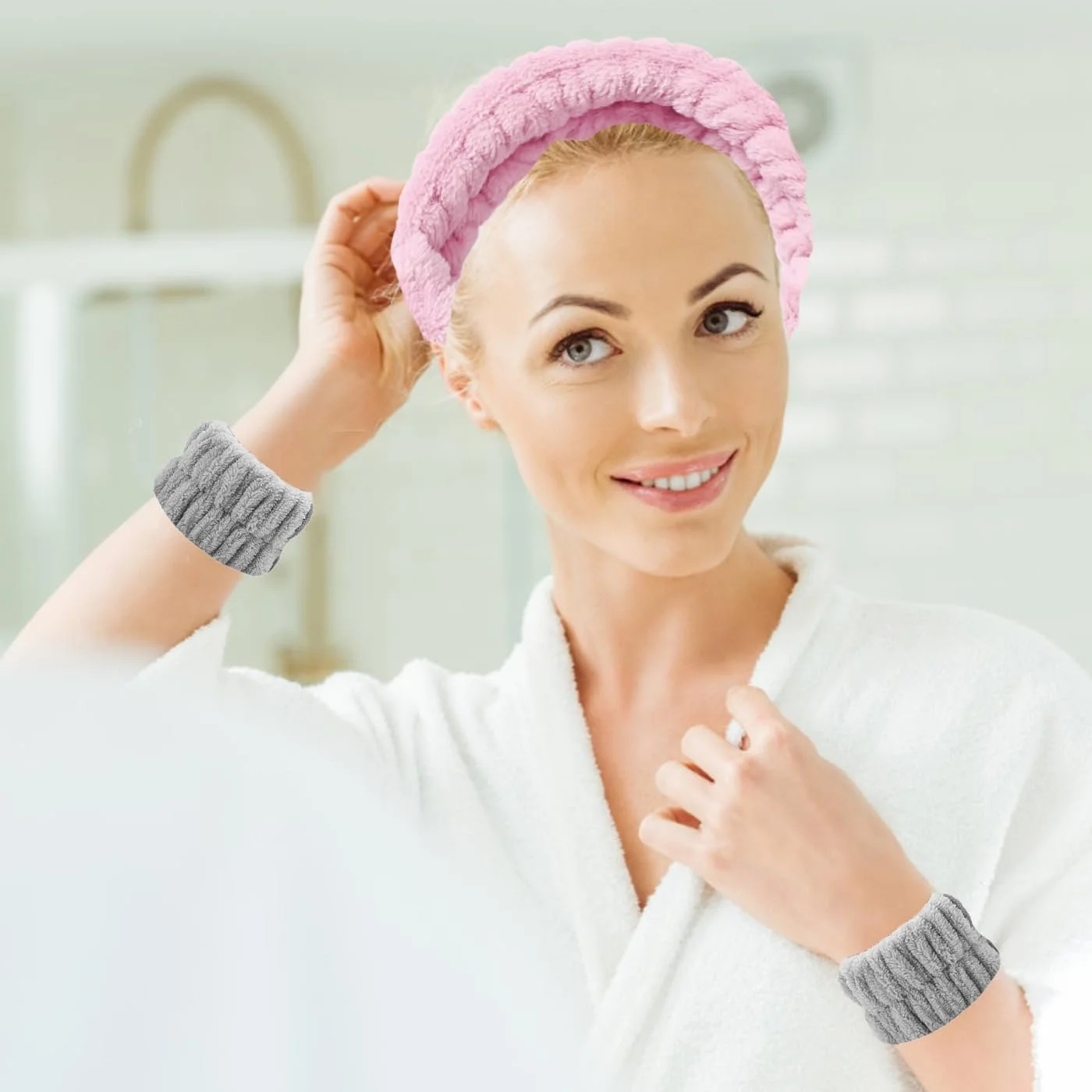 Пов'язка на голову і напульсники Wellness, М'який набір для вмивання з прозорими затискачами для волосся, фото №5