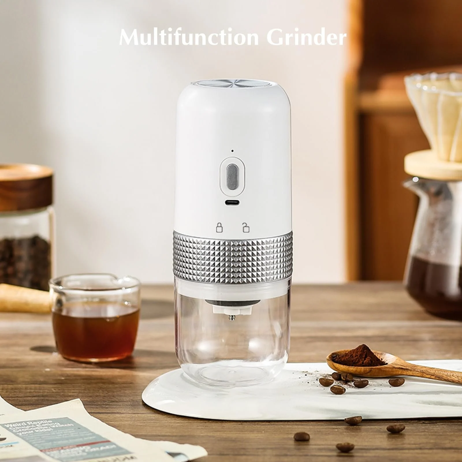 Електрична кавомолка, Портативна бездротова кавомолка з керамічним млином для еспресо, пуроверу та френч-пресу Біла, фото №5