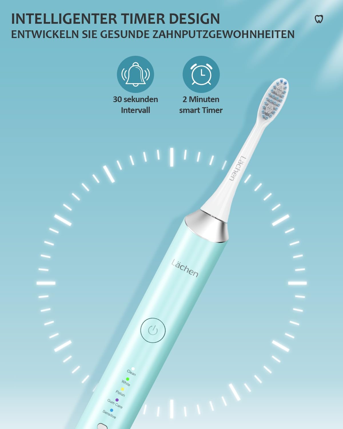 Електрична зубна щітка Lächen 5 програм Дорожній футляр IPX7 Ціанова, фото №6